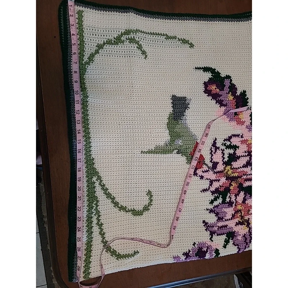 Hand Knit Flowers And Hummingbirds Couch/Table Runnner 28 X 58 Purple Pink Green